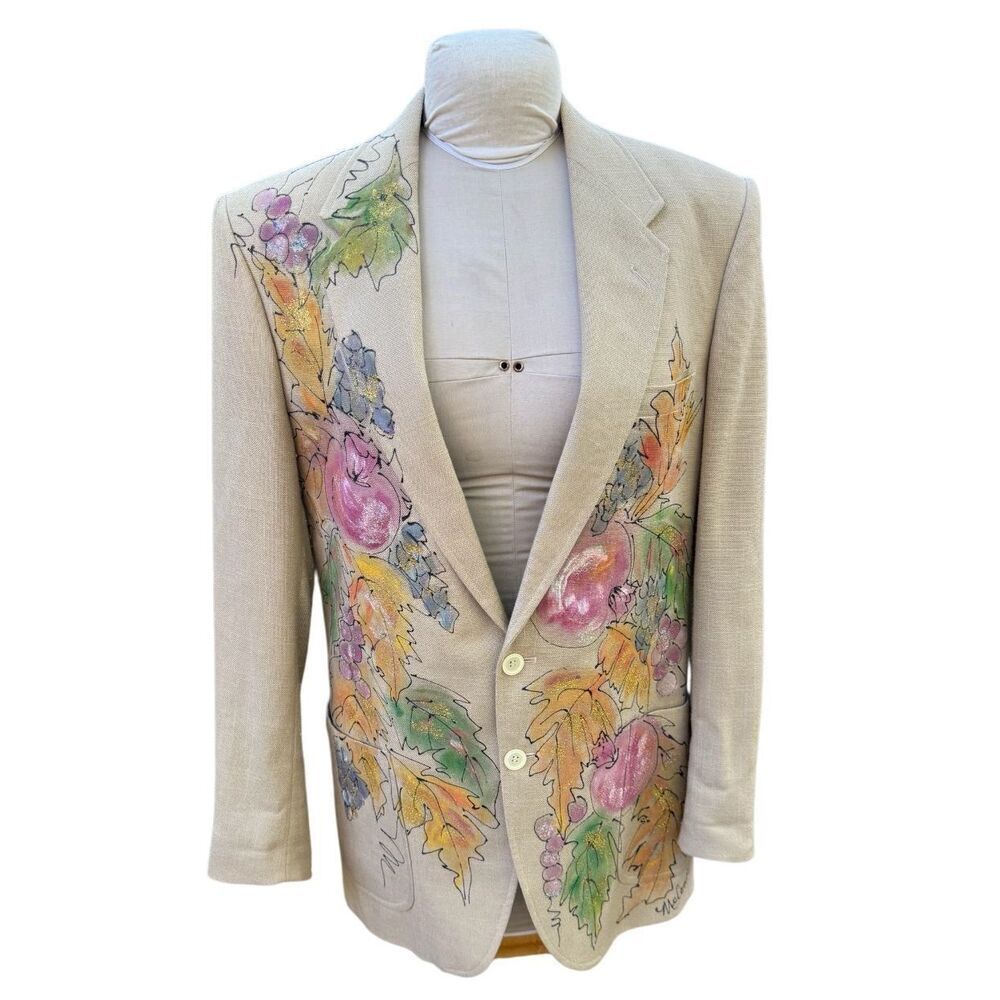 Hand Painted Blazer Bright Florals Sz. L 2-Button Front Wearable Art Oversized